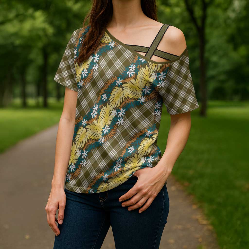 Polynesian Monstera Tiare Floral Cross Shoulder Shirt Yellow Tropical Plaid - Polynesian Pride