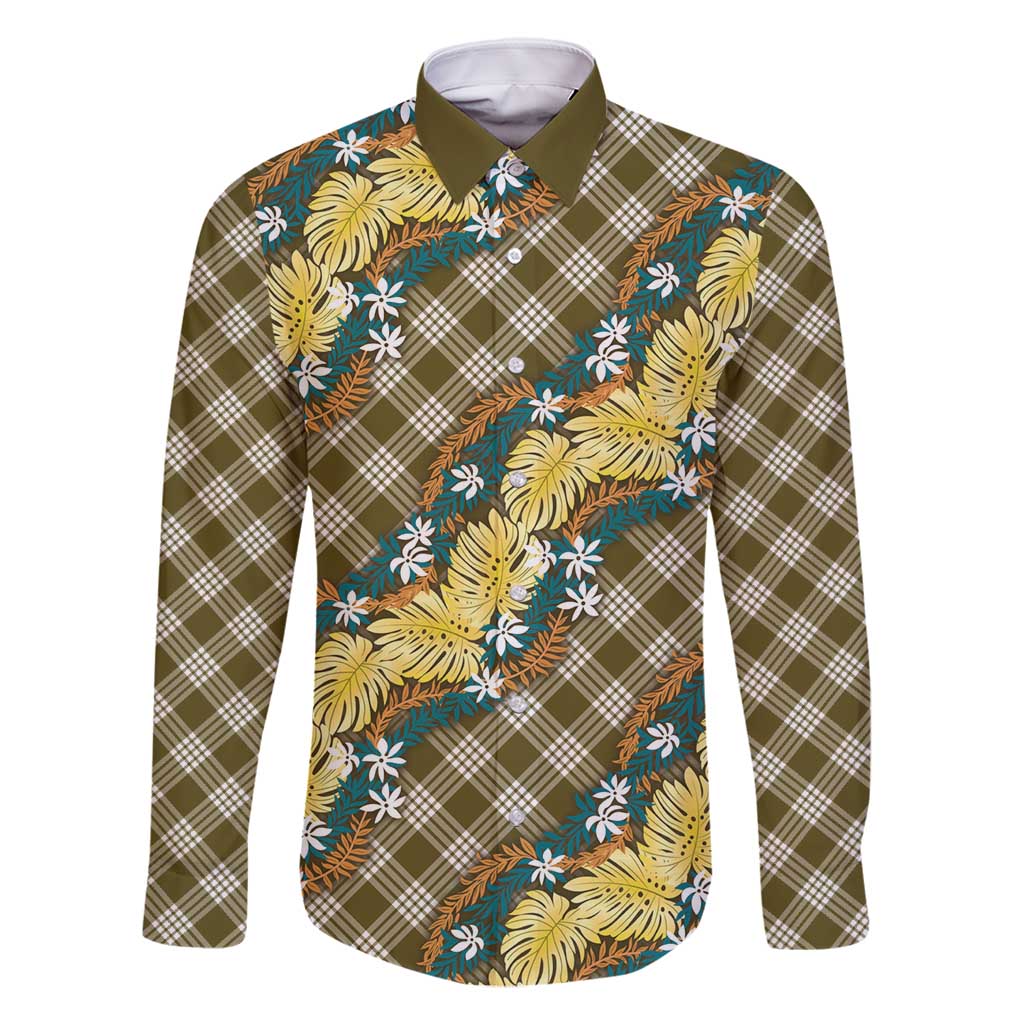 Polynesian Monstera Tiare Floral Family Matching Long Sleeve Bodycon Dress and Hawaiian Shirt Yellow Tropical Plaid LT01 Dad's Shirt - Long Sleeve Yellow - Polynesian Pride