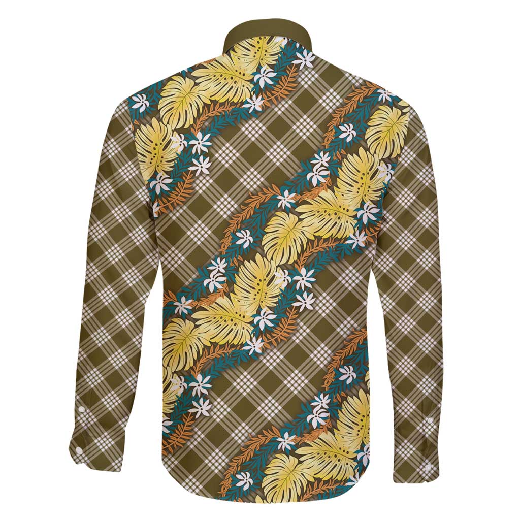 Polynesian Monstera Tiare Floral Family Matching Long Sleeve Bodycon Dress and Hawaiian Shirt Yellow Tropical Plaid LT01 - Polynesian Pride