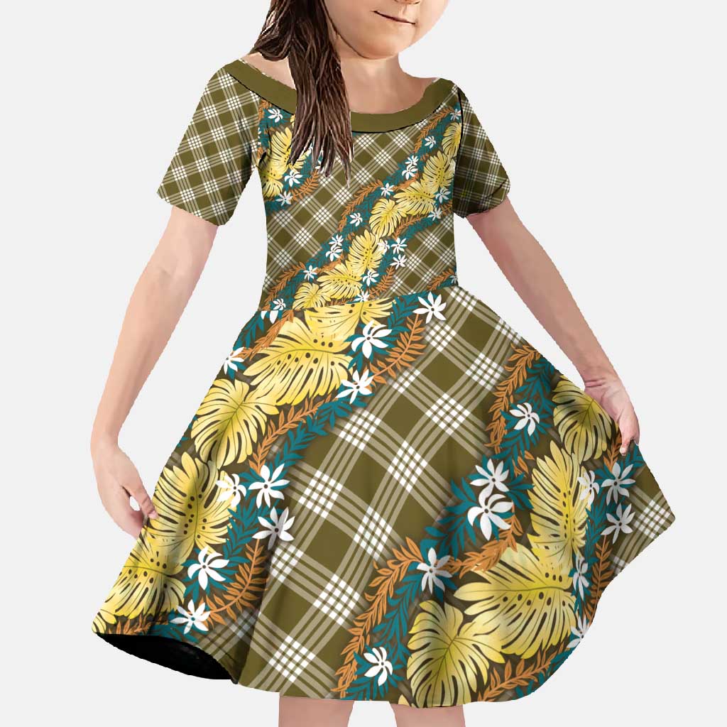 Polynesian Monstera Tiare Floral Family Matching Mermaid Dress and Hawaiian Shirt Yellow Tropical Plaid LT01 Daughter's Dress Yellow - Polynesian Pride