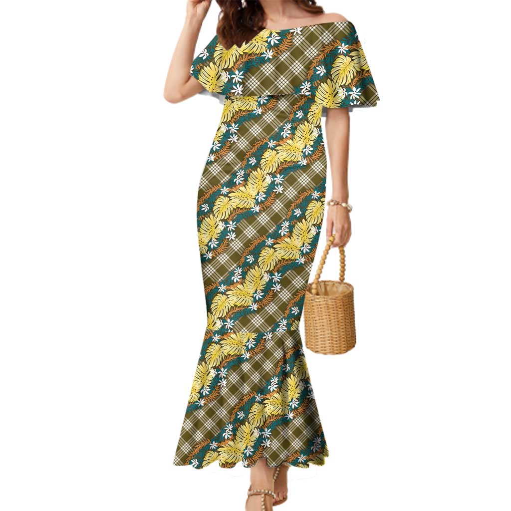 Polynesian Monstera Tiare Floral Family Matching Mermaid Dress and Hawaiian Shirt Yellow Tropical Plaid LT01 Mom's Dress Yellow - Polynesian Pride