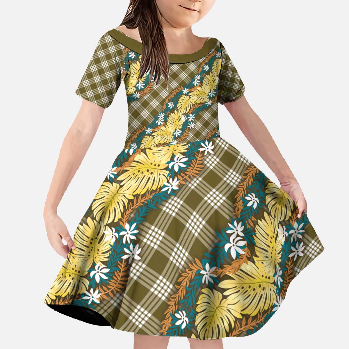Polynesian Monstera Tiare Floral Family Matching Off The Shoulder Long Sleeve Dress and Hawaiian Shirt Yellow Tropical Plaid LT01 Daughter's Dress Yellow - Polynesian Pride