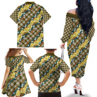 Polynesian Monstera Tiare Floral Family Matching Off The Shoulder Long Sleeve Dress and Hawaiian Shirt Yellow Tropical Plaid LT01 - Polynesian Pride