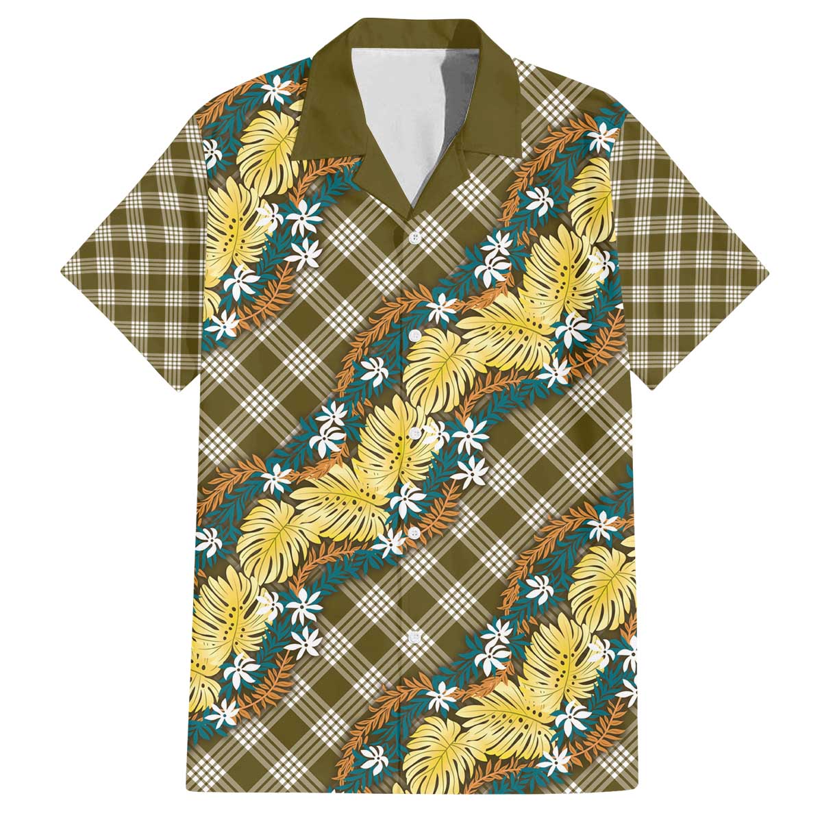 Polynesian Monstera Tiare Floral Family Matching Off The Shoulder Long Sleeve Dress and Hawaiian Shirt Yellow Tropical Plaid LT01 Dad's Shirt - Short Sleeve Yellow - Polynesian Pride