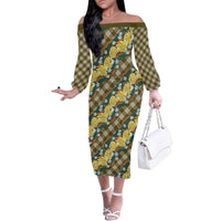 Polynesian Monstera Tiare Floral Family Matching Off The Shoulder Long Sleeve Dress and Hawaiian Shirt Yellow Tropical Plaid LT01 Mom's Dress Yellow - Polynesian Pride