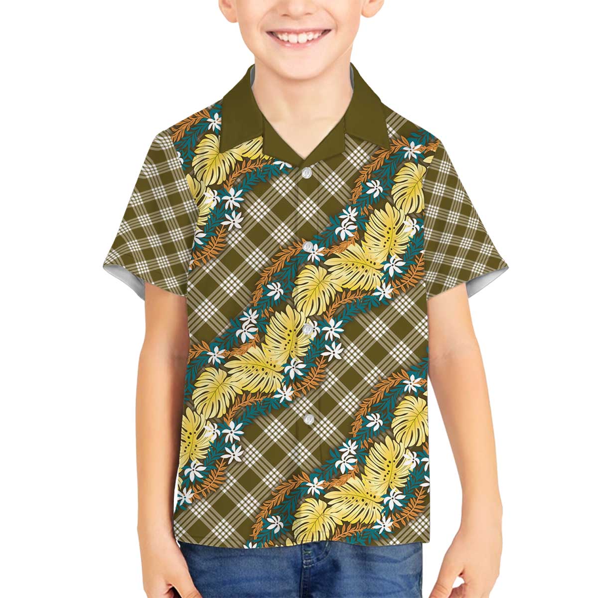 Polynesian Monstera Tiare Floral Family Matching Off The Shoulder Long Sleeve Dress and Hawaiian Shirt Yellow Tropical Plaid LT01 Son's Shirt Yellow - Polynesian Pride