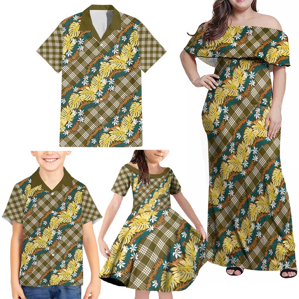 Polynesian Monstera Tiare Floral Family Matching Off Shoulder Maxi Dress and Hawaiian Shirt Yellow Tropical Plaid LT01 - Polynesian Pride