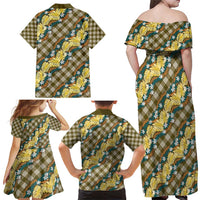 Polynesian Monstera Tiare Floral Family Matching Off Shoulder Maxi Dress and Hawaiian Shirt Yellow Tropical Plaid LT01 - Polynesian Pride