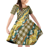 Polynesian Monstera Tiare Floral Family Matching Off Shoulder Short Dress and Hawaiian Shirt Yellow Tropical Plaid LT01 Daughter's Dress Yellow - Polynesian Pride