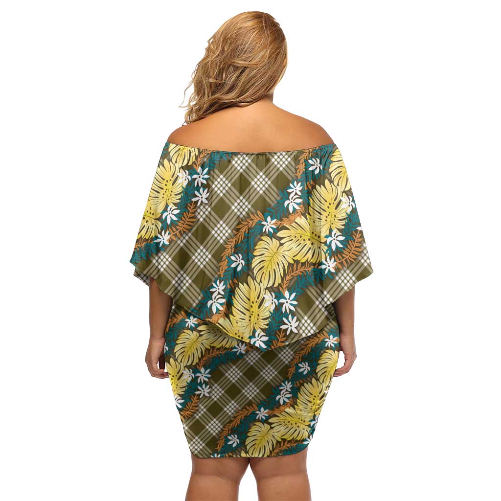 Polynesian Monstera Tiare Floral Family Matching Off Shoulder Short Dress and Hawaiian Shirt Yellow Tropical Plaid LT01 - Polynesian Pride