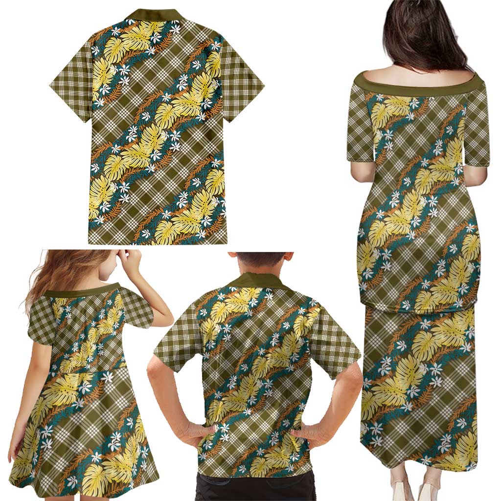 Polynesian Monstera Tiare Floral Family Matching Puletasi and Hawaiian Shirt Yellow Tropical Plaid LT01 - Polynesian Pride