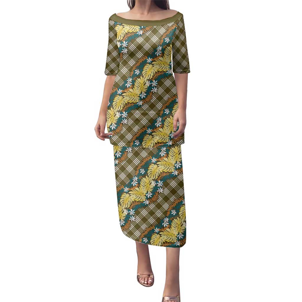 Polynesian Monstera Tiare Floral Family Matching Puletasi and Hawaiian Shirt Yellow Tropical Plaid LT01 Mom's Dress Yellow - Polynesian Pride
