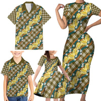 Polynesian Monstera Tiare Floral Family Matching Short Sleeve Bodycon Dress and Hawaiian Shirt Yellow Tropical Plaid LT01 - Polynesian Pride