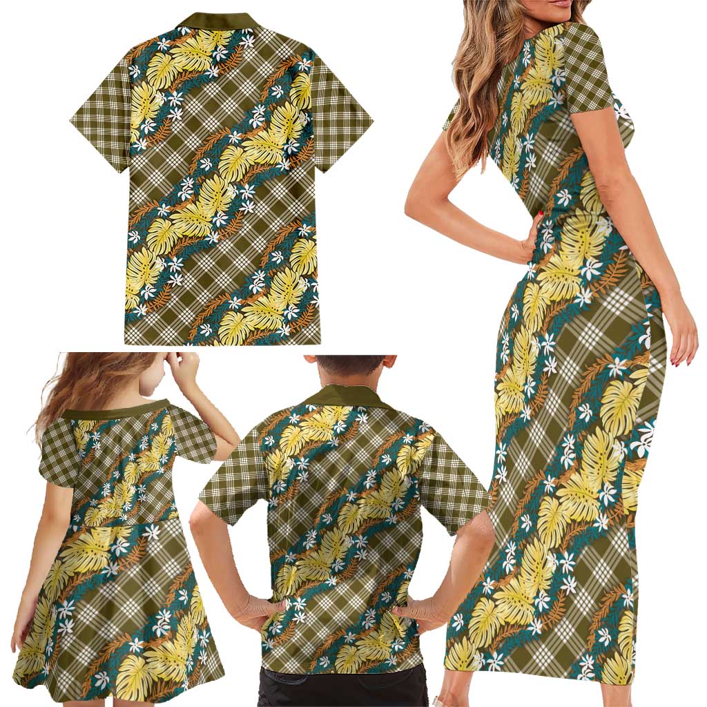 Polynesian Monstera Tiare Floral Family Matching Short Sleeve Bodycon Dress and Hawaiian Shirt Yellow Tropical Plaid LT01 - Polynesian Pride