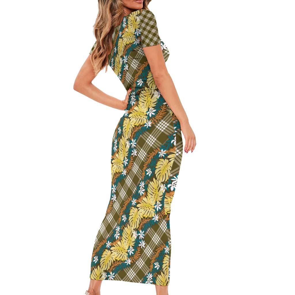 Polynesian Monstera Tiare Floral Family Matching Short Sleeve Bodycon Dress and Hawaiian Shirt Yellow Tropical Plaid LT01 - Polynesian Pride