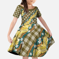 Polynesian Monstera Tiare Floral Family Matching Summer Maxi Dress and Hawaiian Shirt Yellow Tropical Plaid LT01 Daughter's Dress Yellow - Polynesian Pride