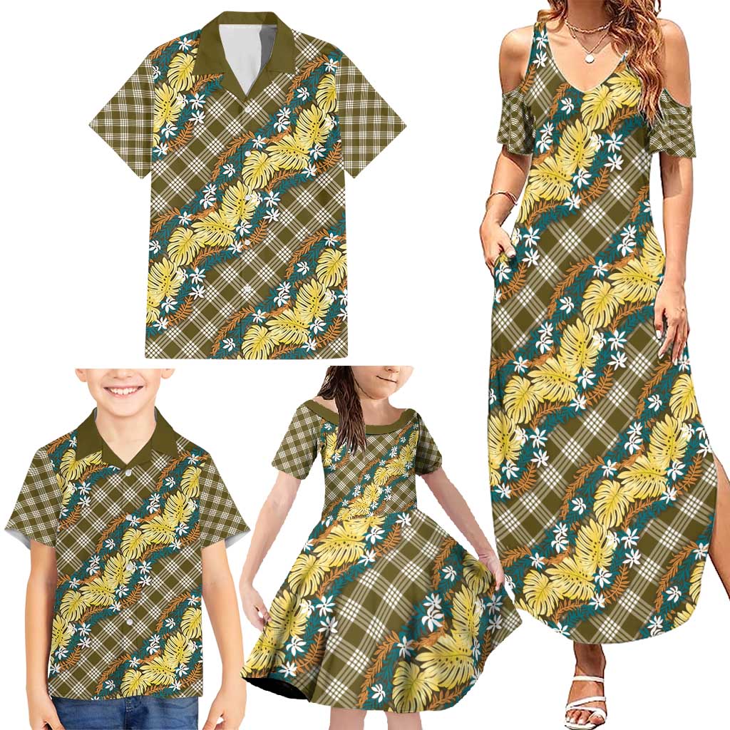 Polynesian Monstera Tiare Floral Family Matching Summer Maxi Dress and Hawaiian Shirt Yellow Tropical Plaid LT01 - Polynesian Pride