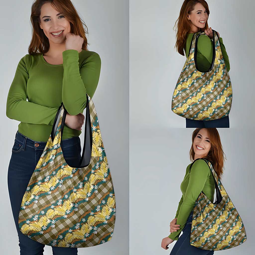 Polynesian Monstera Tiare Floral Grocery Bag Yellow Tropical Plaid - Polynesian Pride