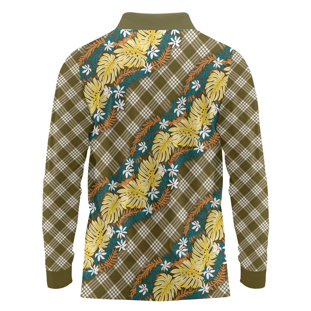 Polynesian Monstera Tiare Floral Long Sleeve Polo Shirt Yellow Tropical Plaid LT01 - Polynesian Pride