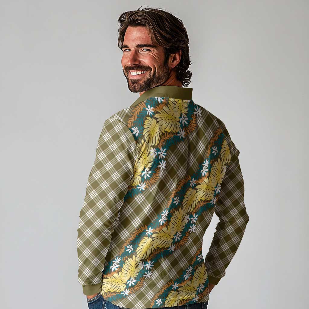 Polynesian Monstera Tiare Floral Long Sleeve Polo Shirt Yellow Tropical Plaid LT01 - Polynesian Pride