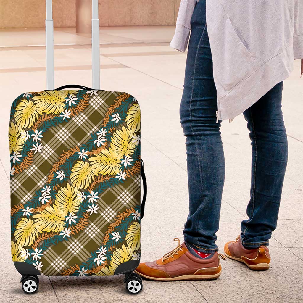 Polynesian Monstera Tiare Floral Luggage Cover Yellow Tropical Plaid - Polynesian Pride