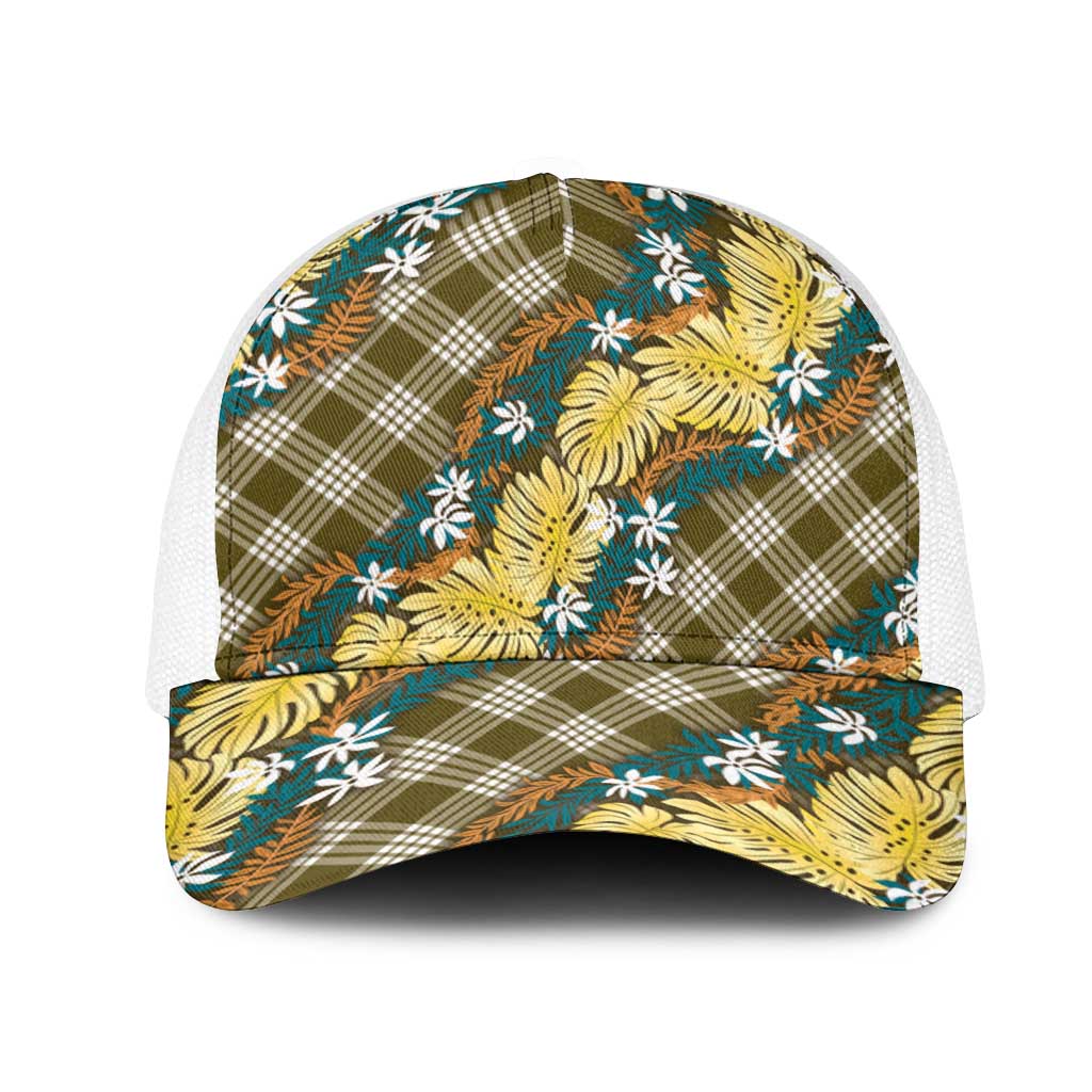 Polynesian Monstera Tiare Floral Mesh Trucker Cap Yellow Tropical Plaid - Polynesian Pride