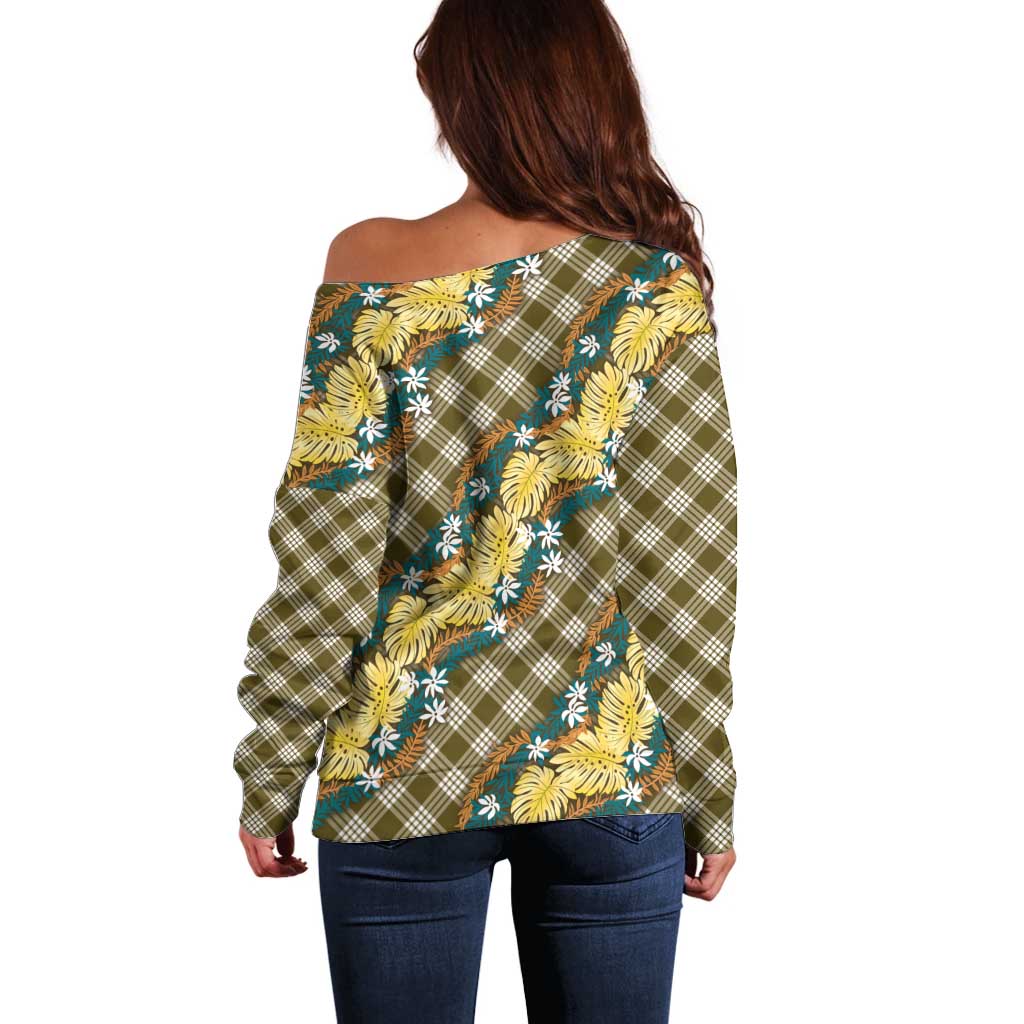 Polynesian Monstera Tiare Floral Off Shoulder Sweater Yellow Tropical Plaid LT01 - Polynesian Pride