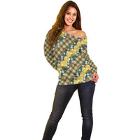 Polynesian Monstera Tiare Floral Off Shoulder Sweater Yellow Tropical Plaid LT01 - Polynesian Pride