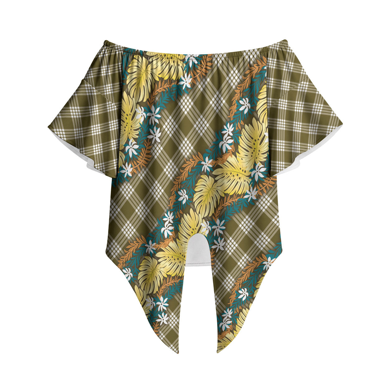 Polynesian Monstera Tiare Floral Off Shoulder Wrap Waist Top Yellow Tropical Plaid LT01 Yellow - Polynesian Pride