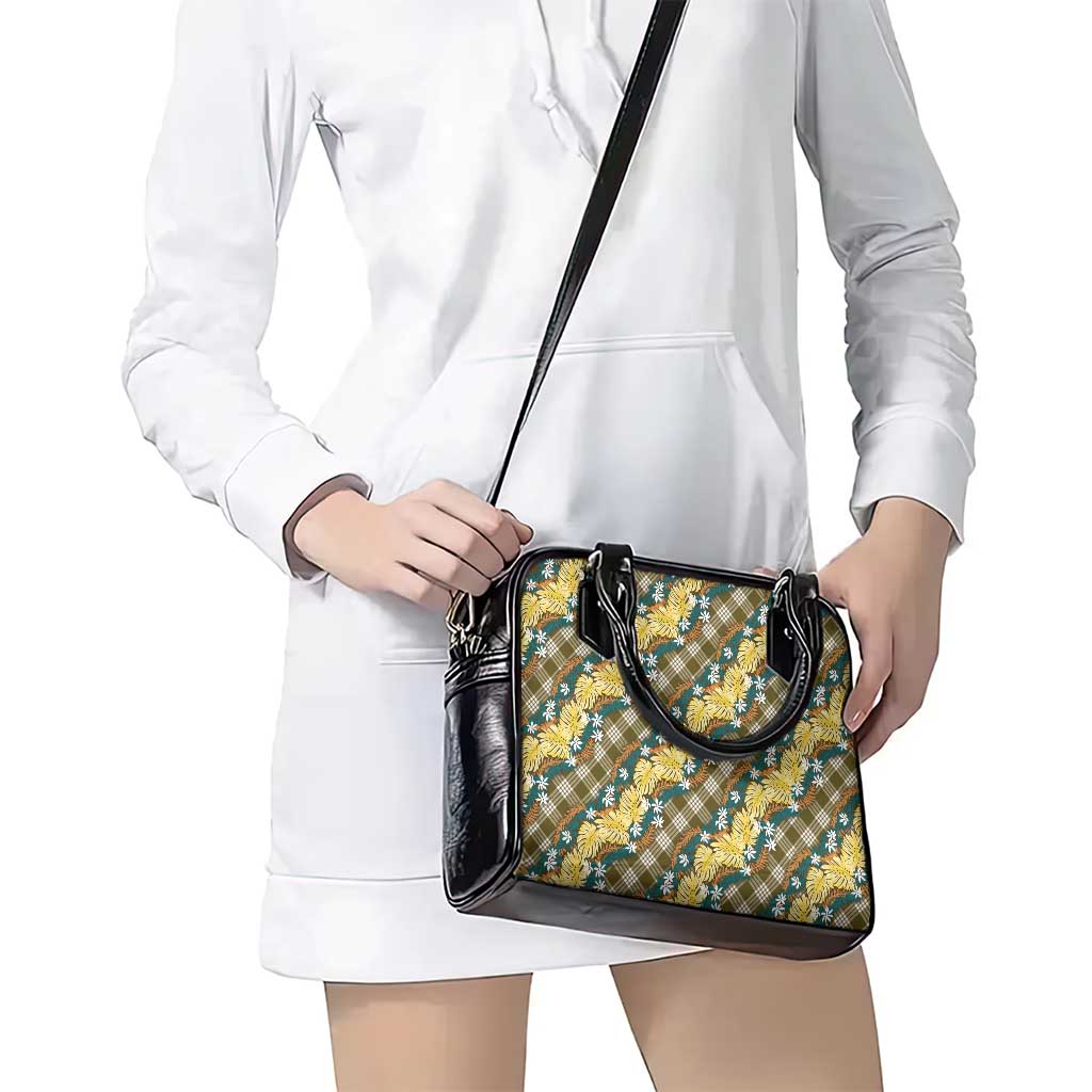 Polynesian Monstera Tiare Floral Shoulder Handbag Yellow Tropical Plaid - Polynesian Pride