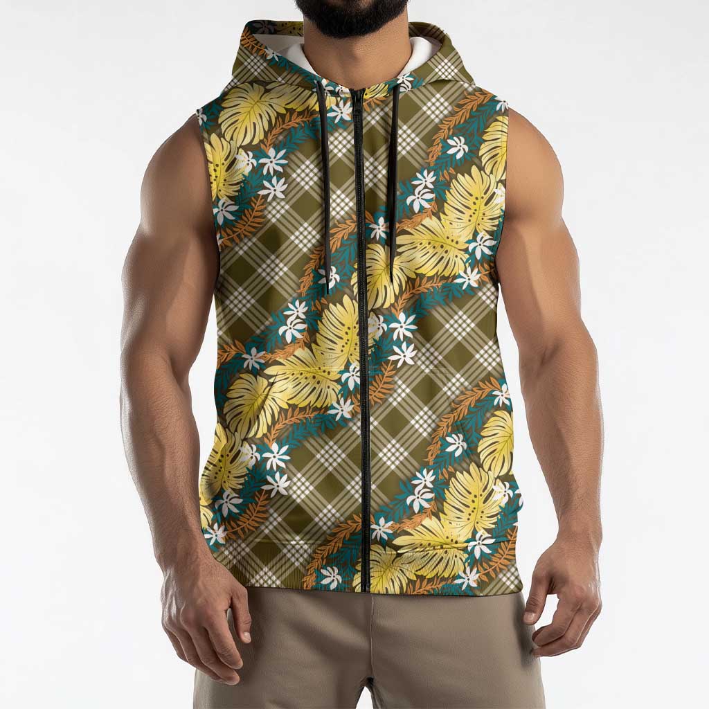 Polynesian Monstera Tiare Floral Sleeveless Zip Hoodie Yellow Tropical Plaid - Polynesian Pride