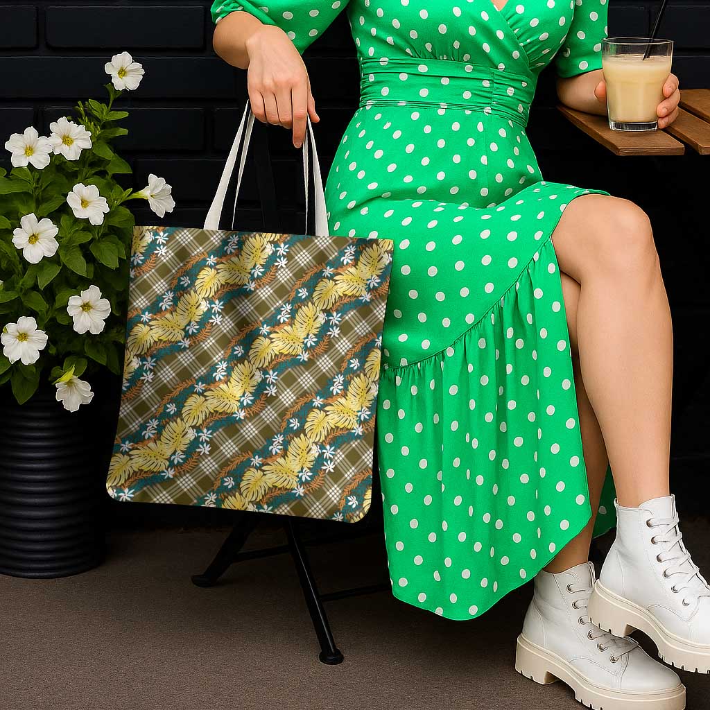 Polynesian Monstera Tiare Floral Tote Bag Yellow Tropical Plaid - Polynesian Pride