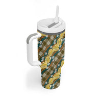 Polynesian Monstera Tiare Floral Tumbler With Handle Yellow Tropical Plaid - Polynesian Pride