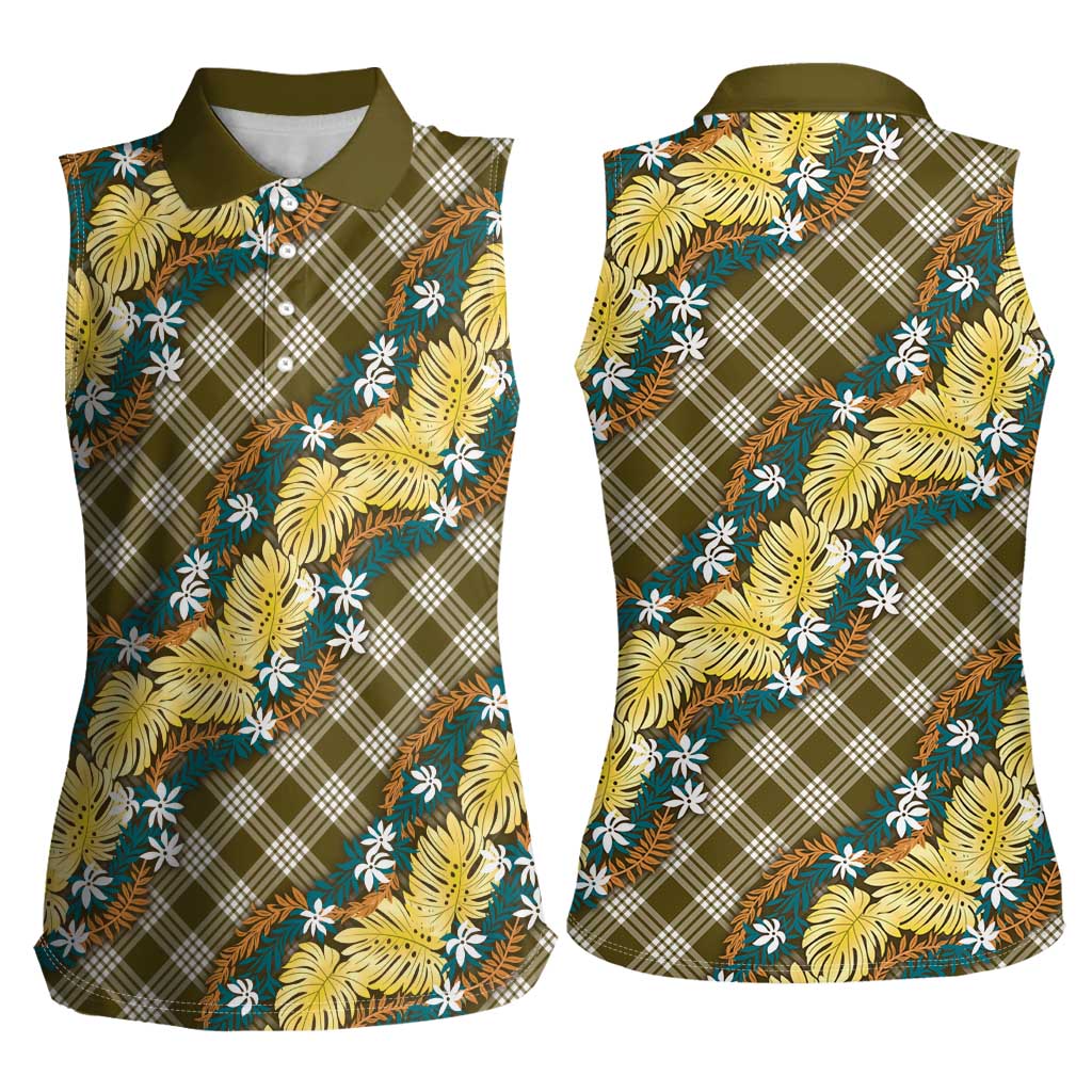 Polynesian Monstera Tiare Floral Women Sleeveless Polo Shirt Yellow Tropical Plaid LT01 - Polynesian Pride