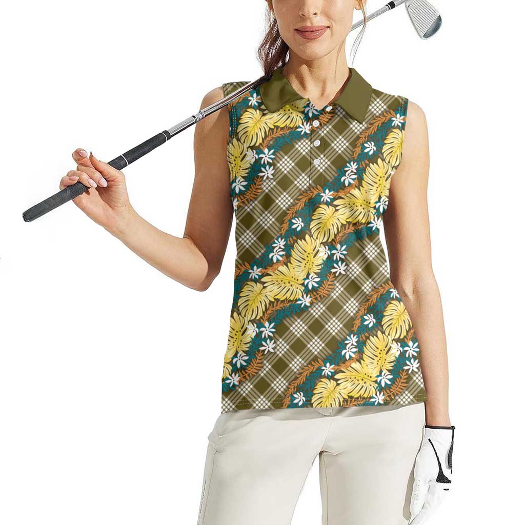 Polynesian Monstera Tiare Floral Women Sleeveless Polo Shirt Yellow Tropical Plaid LT01 - Polynesian Pride