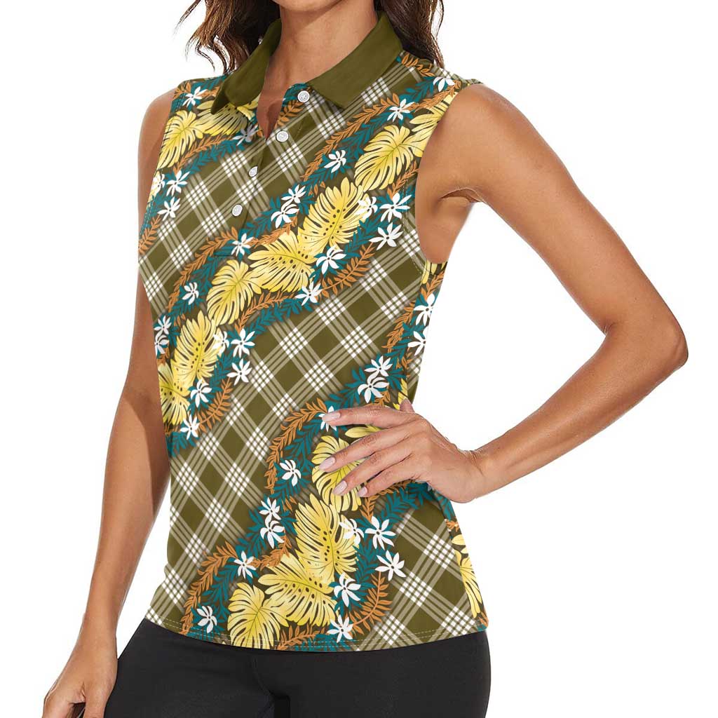 Polynesian Monstera Tiare Floral Women Sleeveless Polo Shirt Yellow Tropical Plaid LT01 - Polynesian Pride