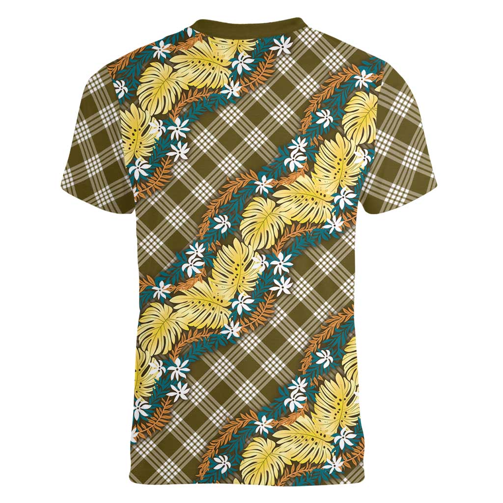 Polynesian Monstera Tiare Floral Women V-Neck T-Shirt Yellow Tropical Plaid LT01 - Polynesian Pride