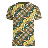 Polynesian Monstera Tiare Floral Women V-Neck T-Shirt Yellow Tropical Plaid LT01 - Polynesian Pride