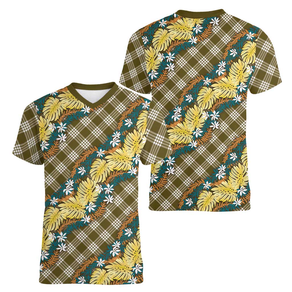 Polynesian Monstera Tiare Floral Women V-Neck T-Shirt Yellow Tropical Plaid LT01 - Polynesian Pride