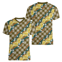 Polynesian Monstera Tiare Floral Women V-Neck T-Shirt Yellow Tropical Plaid LT01 - Polynesian Pride