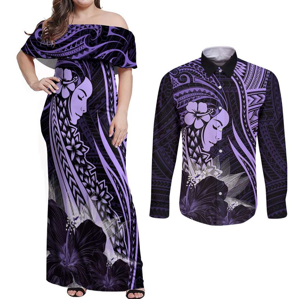 Polynesian Women Day 2024 Couples Matching Off Shoulder Maxi Dress and Long Sleeve Button Shirt Hibiscus Girl Tribal LT01 Purple - Polynesian Pride