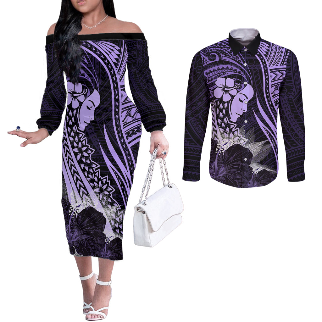Polynesian Women Day 2024 Couples Matching Off The Shoulder Long Sleeve Dress and Long Sleeve Button Shirt Hibiscus Girl Tribal LT01 Purple - Polynesian Pride