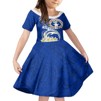 Northern Mariana Islands Commonwealth Day 2024 Kid Short Sleeve Dress Dolphin With Plumeria Flower LT01 KID Blue - Polynesian Pride