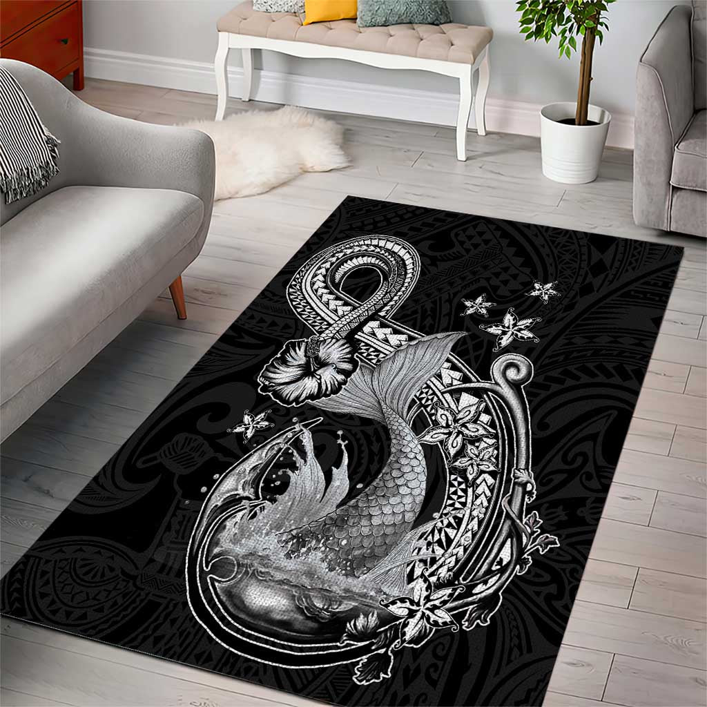 Hawaii Mermaid Monotone Area Rug Polynesian Pattern Fish Hook