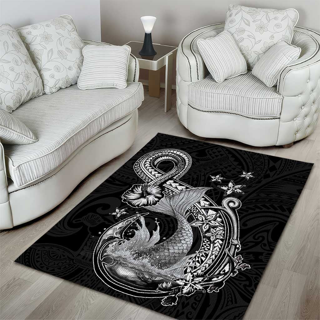 Hawaii Mermaid Monotone Area Rug Polynesian Pattern Fish Hook