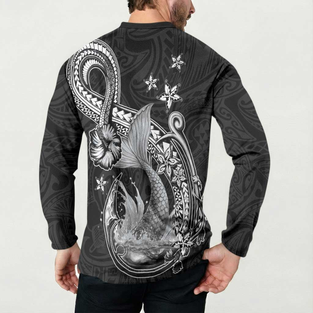 Hawaii Mermaid Monotone Button Sweatshirt Polynesian Pattern Fish Hook