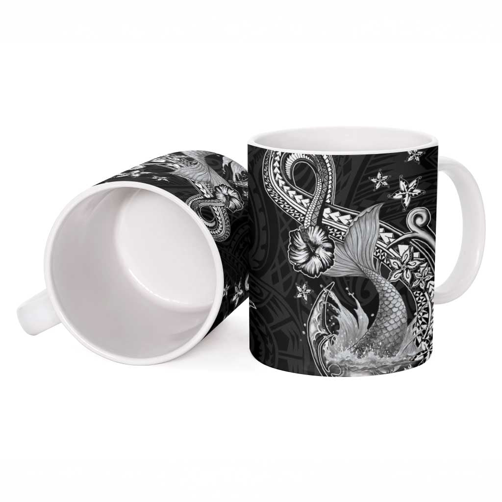 Hawaii Mermaid Monotone Ceramic Mug Polynesian Pattern Fish Hook