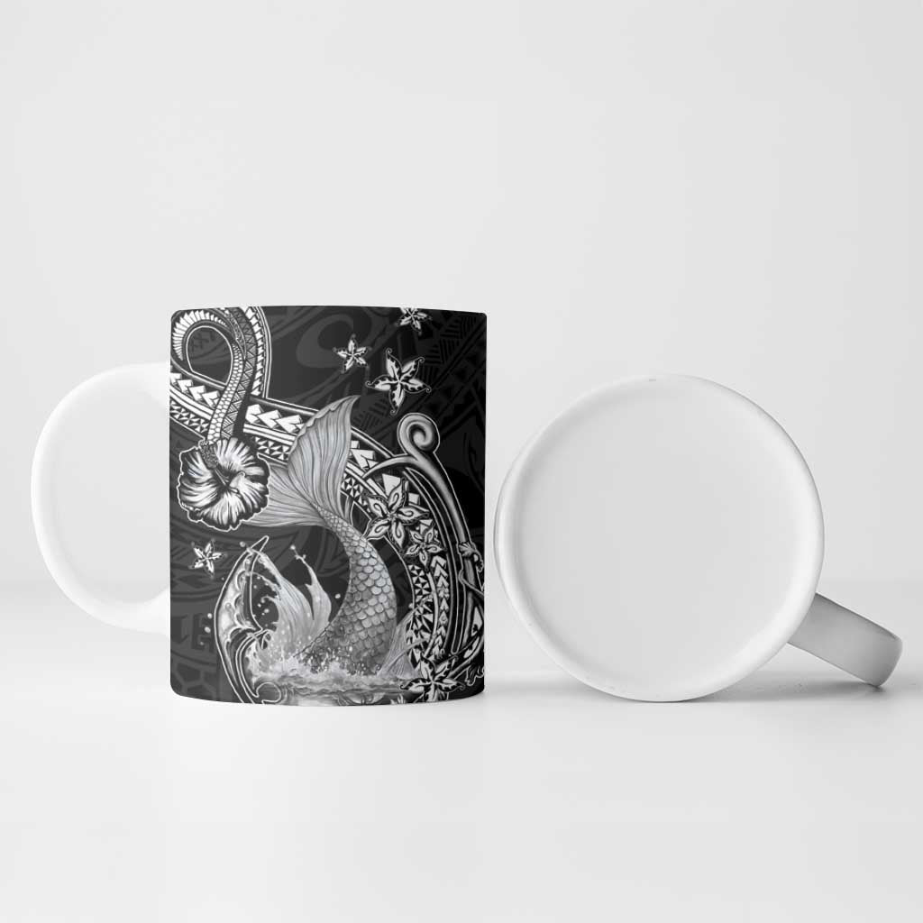 Hawaii Mermaid Monotone Ceramic Mug Polynesian Pattern Fish Hook