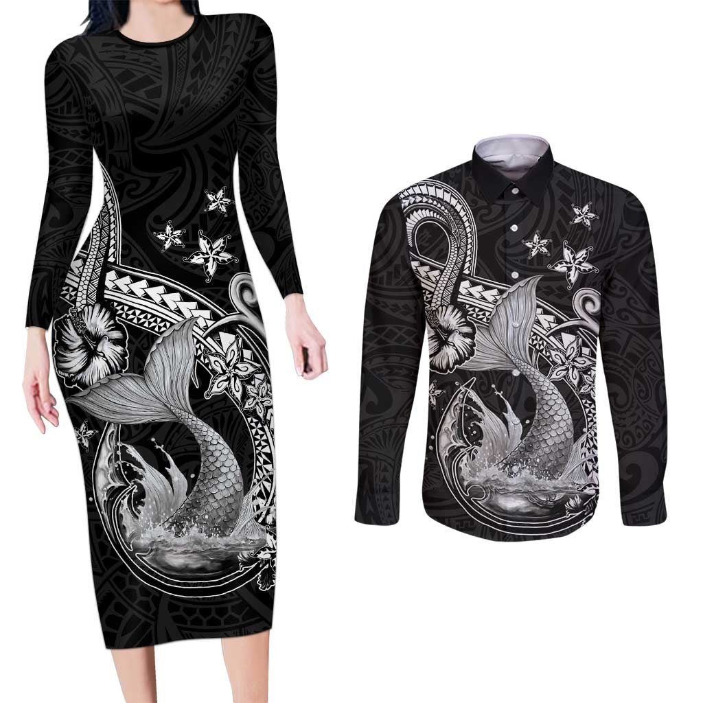 Hawaii Mermaid Monotone Couples Matching Long Sleeve Bodycon Dress and Long Sleeve Button Shirt Polynesian Pattern Fish Hook