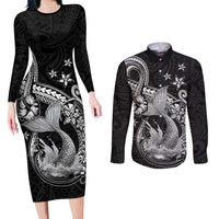 Hawaii Mermaid Monotone Couples Matching Long Sleeve Bodycon Dress and Long Sleeve Button Shirt Polynesian Pattern Fish Hook